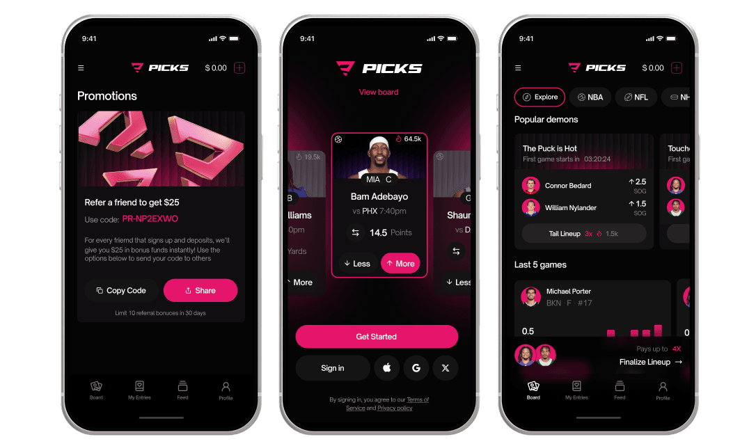 PICKS app screens showing Promotions, Player Board, and Popular Demons