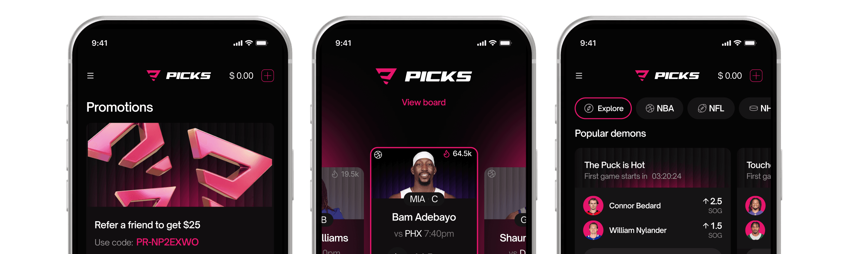 PICKS app screens showing Promotions, Player Board, and Popular Demons