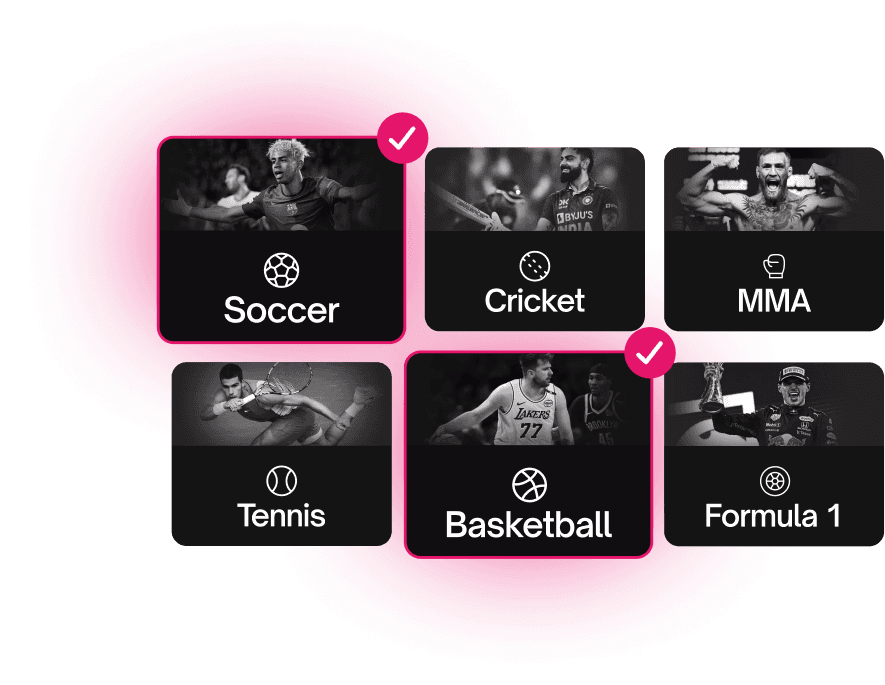 Sport selection grid showing Football, Cricket, MMA, Tennis, Basketball, and Formula 1